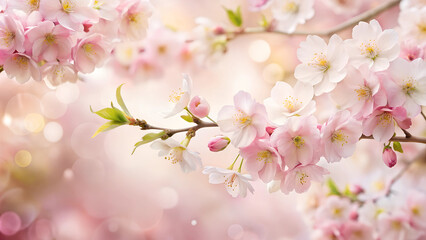 Obraz premium spring bloom background, delicate cherry blossoms in soft pink and white hues, light and refreshing atmosphere with copy space 