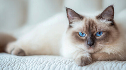 Beautiful ragdoll cat with striking blue eyes lounging comfortably on a soft quilt