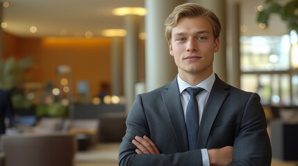 Fototapeta premium Young professional exuding confidence, embodying ambition and focus in a modern workspace.