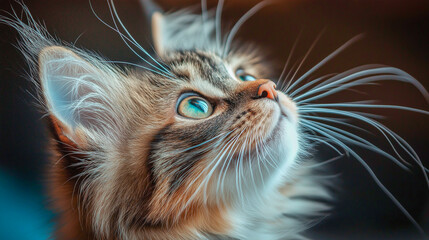 A curious cat gazes upward with bright blue eyes and soft fur