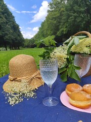 Picnic in the park. On a blue blanket lies a straw hat, a basket of snacks, and donuts. Relaxed mood