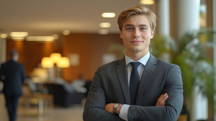Fototapeta premium Young professional exuding confidence, embodying ambition and focus in a modern workspace.
