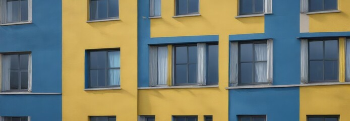 Fototapeta premium Colorful blue and yellow wall with contrasting windows in a large apartment complex, luxury living , residential property, high-rise development