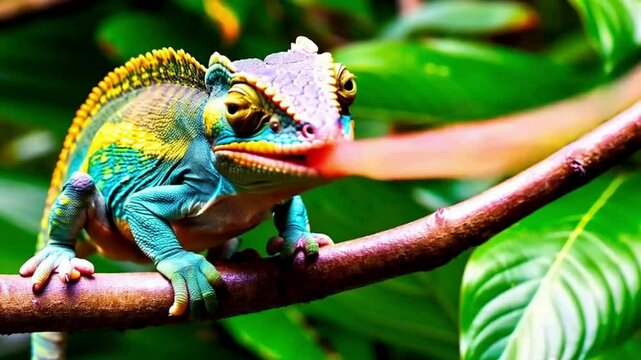 Panther chameleon (Furcifer pardalis) is species, Chameleon moving big eye while looking high resolution cinematic video footage, Vibrant Wildlife Video, A Tranquil Nature Scene