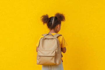 Cute little girl with backpack on yellow background, back view.