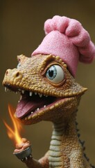 Obraz premium A whimsical reptile chef, sporting a pink toque, proudly presents a flaming dessert. A delightful blend of fantasy and culinary artistry.