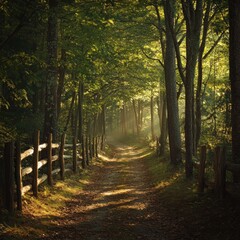 Obraz premium Sunlit Forest Path Through Woods