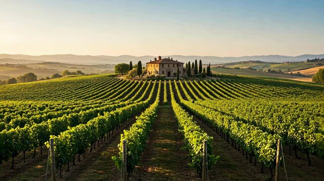 A serene vineyard with lush green rows and a charming estate