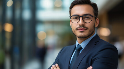 Fototapeta premium Young professional exuding confidence, embodying ambition and focus in a modern workspace.