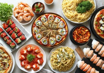 Diverse Italian and Asian Cuisine Spread