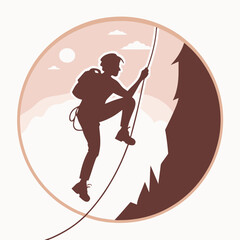 Silhouette rock climbing background .Outdoor activity. Equipment for mountaineering. Rope access technician. Vector illustration in cartoon style