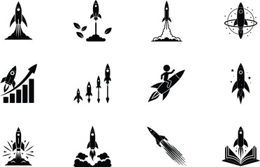 Twelve Rocket Launch Icons Growth, Success, Innovation, and Space