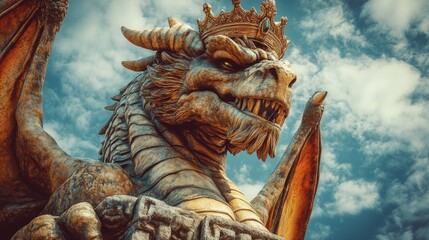 Fototapeta premium A majestic dragon statue, crowned and perched upon a stone pedestal, dominates the cloudy sky.