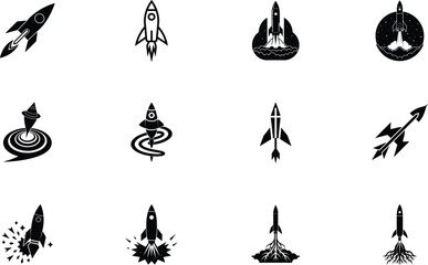 Twelve Rocket Launch Icons Startup, Space, Innovation, Speed, Success