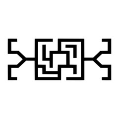 Geometric, black and white composition of a linear intricate maze, with angular design and symmetrical balance, centered on a white backdrop.