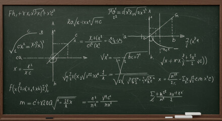 Classroom blackboard with equations and learning content