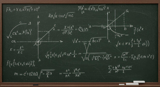 Classroom blackboard with equations and learning content