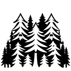 Silhouette of a forest with multiple fir trees, set against a white background, creating a black and white contrast, evoking nature.
