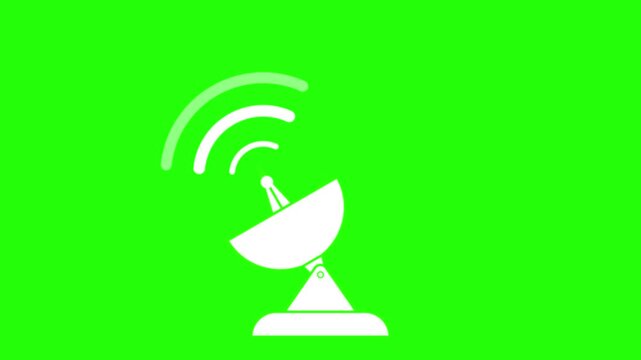 Animated parabola icon: moving satellite dish emitting signal waves to a looping 4k satellite