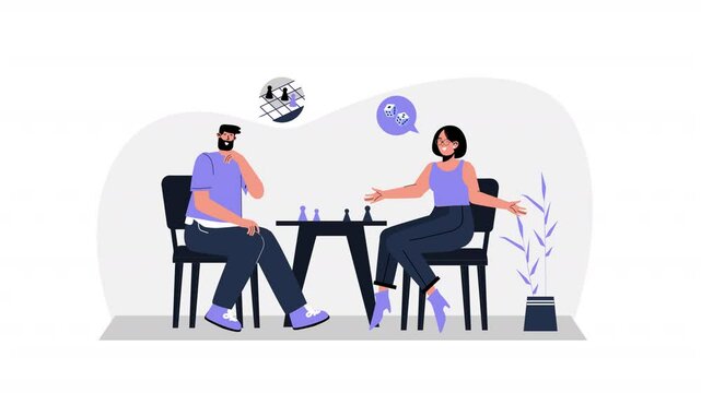 Vector scene animation depicting people playing board games, highlighting classic games like chess, Monopoly, or new strategy games, showing the fun and competitive nature of the experience.