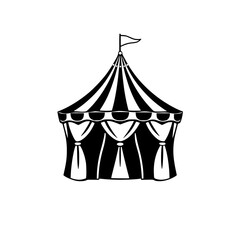 Stylized black and white circus tent illustration, minimalist design with a flag.