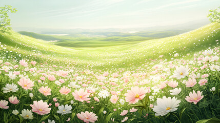 Fototapeta premium Tranquil Floral Scene with Cosmos Flowers in a Green Meadow 