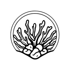 Black and white ink drawing of a coral-like structure in a circular frame.