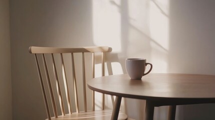 Stomach pain while seated on a dining chair with a warm drink. Featuring discomfort and comfort