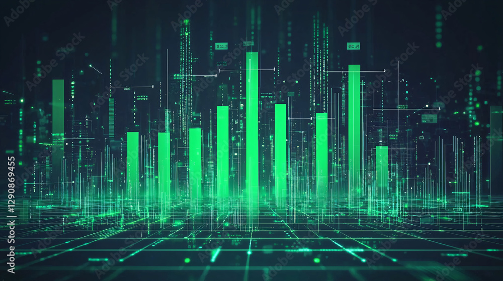 Poster a digital representation of green bars on a dark background, symbolizing data visualization and anal
