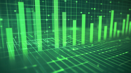 Obraz premium A vibrant, abstract representation of green data visualization, featuring vertical bars against a grid background, symbolizing growth and analytics.