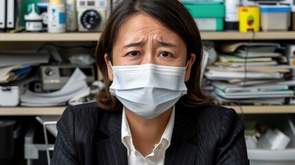 Concerned Woman Wearing a Face Mask in Office Setting