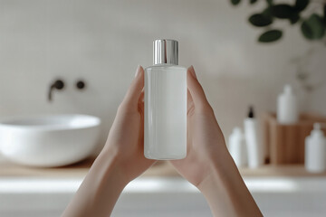 Hands holding skin care product in bathroom setting.
