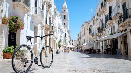 Obraz premium White bicycle in Italian town street cafes