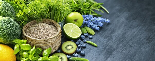 Fresh fruits and vegetables arranged on a dark surface.