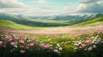 Obraz premium Serene Cosmos Flowers in Full Bloom Across a Green Field 