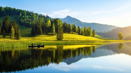 Fototapeta premium Serene lake scene with trees and mountains in the background.