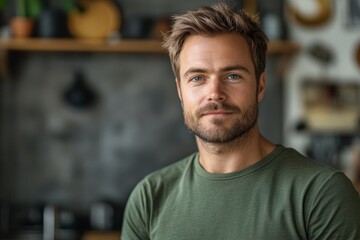 authentic portrait of 35 years old European man in green t-shirt at home, lifestyle