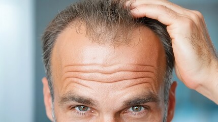 Obraz premium Regrowth treatment for hair loss Man examining thinning hair while looking intently at the camera.