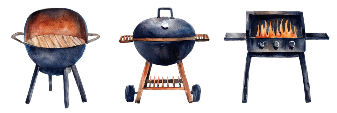 Watercolor bbq grills showcase outdoor gathering illustrative artwork natural setting perspective translate background