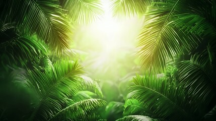 Lush Green Tropical Jungle with Bright Sunlight Streaming Through Palm Trees