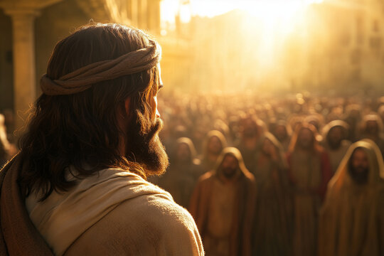 Jesus gazes over a gathered crowd, bathed in golden light, as he shares words of wisdom and hope. His presence commands attention, symbolizing faith, leadership, and divine purpose.