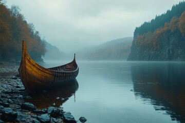 Old wooden boat rests peacefully on a tranquil lake surrounded by fog and autumn trees in a serene landscape