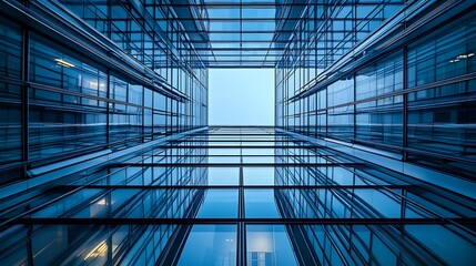 Looking Up at Modern Glass Building Architecture and Clear Blue Sky