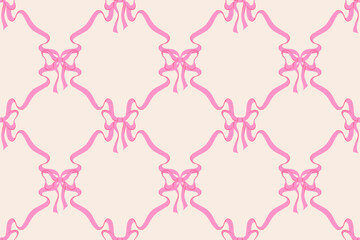 Coquette seamless pattern, print. Pink bows. Trendy hand drawn design
