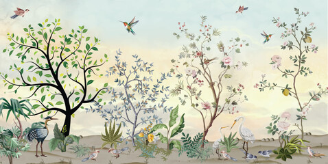 Blossom Mural, Wallpaper Design, Tree, watercolor background, Beautiful garden. © Sharif