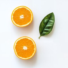 Fototapeta premium Two juicy orange halves and a fresh green leaf on a white background Perfect for healthy eating and vitamin C concepts