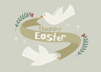 Happy Easter background. Easter Design Element with cute white dove. Hand drawn cute dove or pigeons, eggs, flowers.