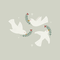 Happy Easter graphic. Easter Design Element with three cute white doves. symbol of peace