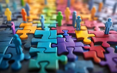 Obraz premium Digital concept of colorful puzzle pieces coming together, with figures from various backgrounds, symbolizing HR strategies of inclusion, teamwork, and diverse collaboration