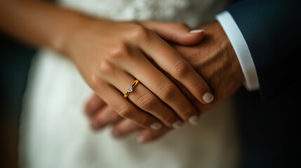 Celebrating love with a close-up of a bride and groom's hands intertwined showcasing a sparkling engagement ring. Generative AI